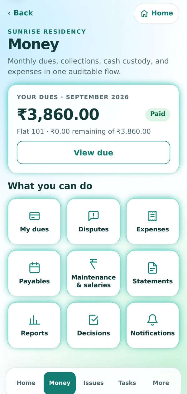 Money screen with dues, disputes, expenses, payables, salaries, statements, reports, decisions and notifications