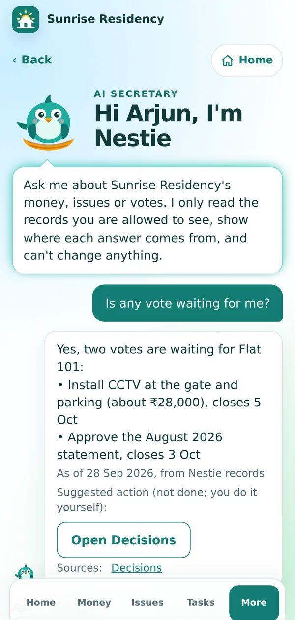 Nestie AI Secretary answering which votes are waiting for Flat 101